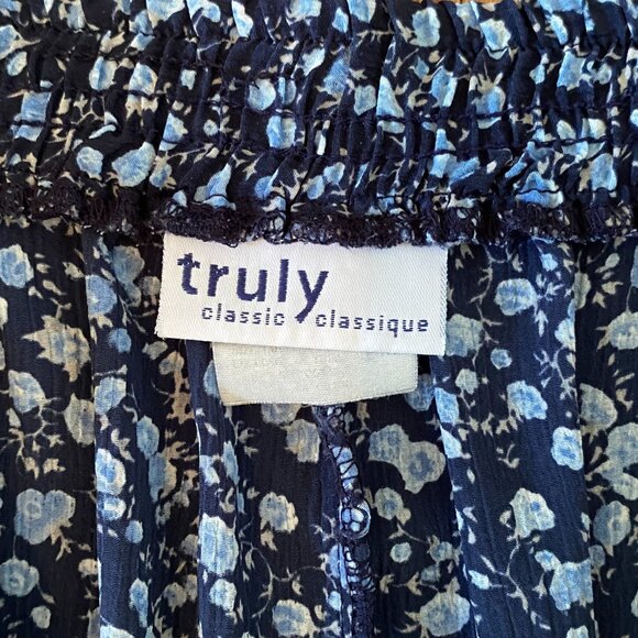 Vintage 90s Navy Blue Floral Midi Skirt with Wide A-line Silhouette Cottagecore - Picture 7 of 8